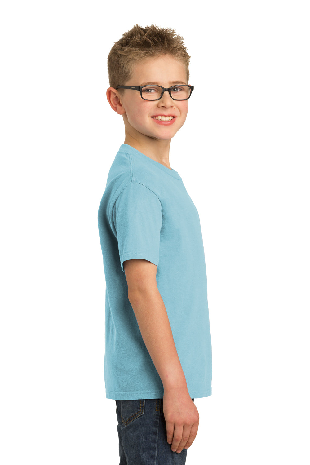 Port & Company PC099Y Youth Beach Wash Short Sleeve Crewneck T-Shirt Mist Blue Model Side