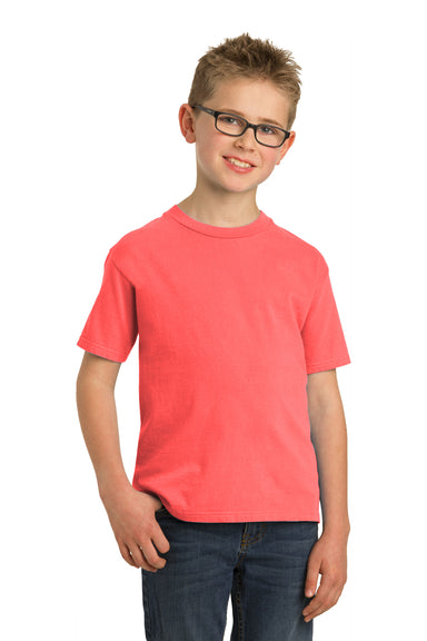 Port & Company PC099Y Youth Beach Wash Short Sleeve Crewneck T-Shirt Neon Coral Model Front