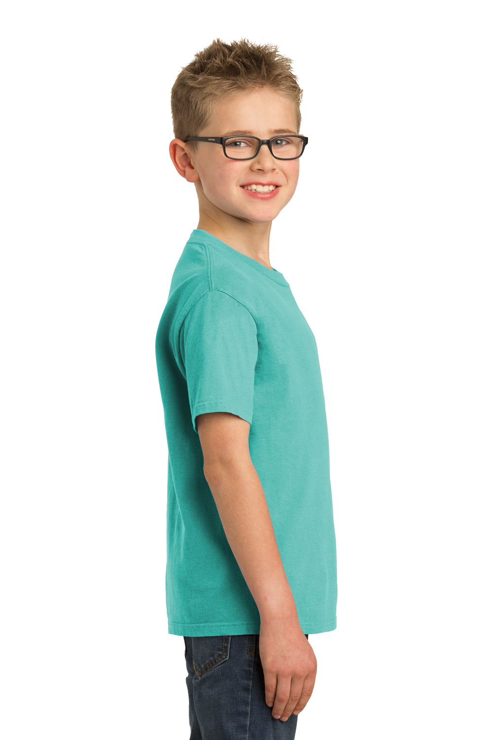 Port & Company PC099Y Youth Beach Wash Short Sleeve Crewneck T-Shirt Peacock Green Model Side