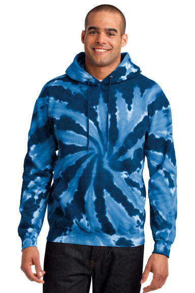 Port & Company PC146 Mens Tie-Dye Fleece Hooded Sweatshirt Hoodie Navy Blue Model Front