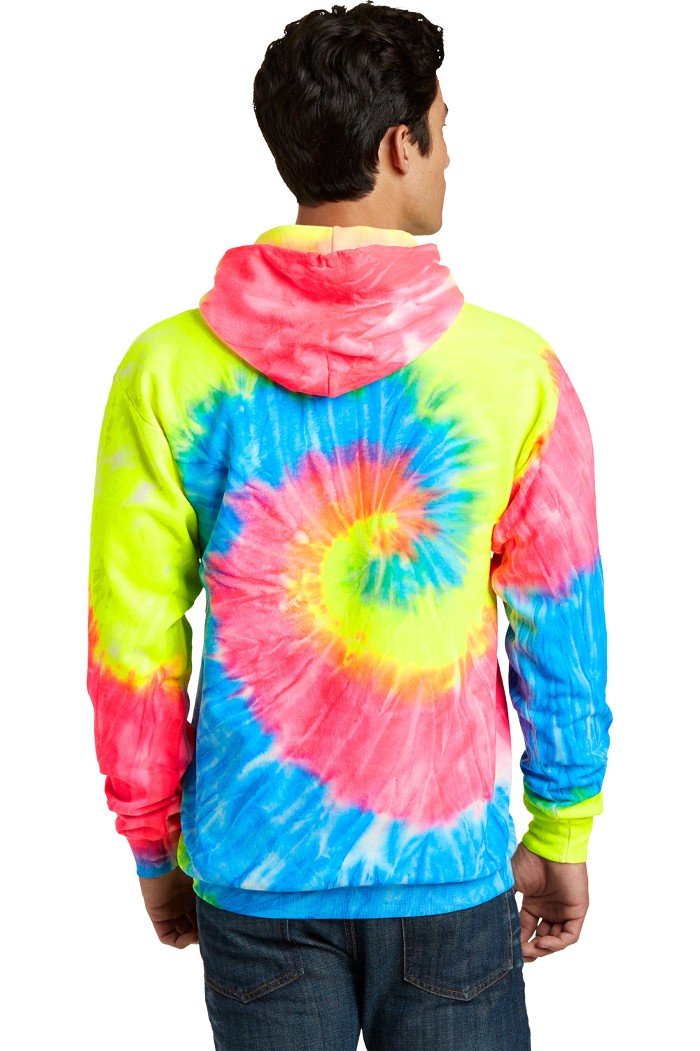 Port & Company PC146 Mens Tie-Dye Fleece Hooded Sweatshirt Hoodie Neon Rainbow Model Back