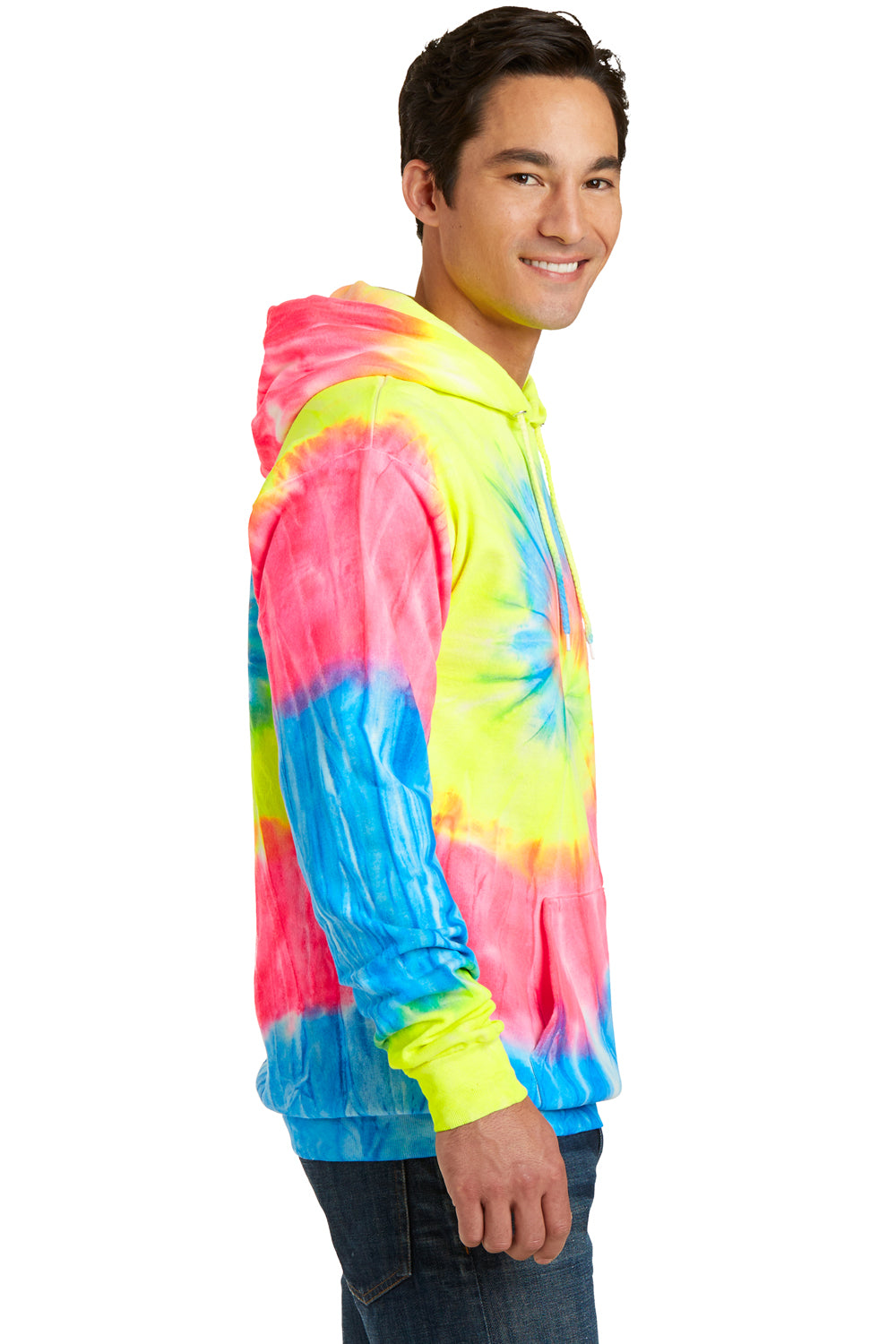 Port & Company PC146 Mens Tie-Dye Fleece Hooded Sweatshirt Hoodie Neon Rainbow Model Side