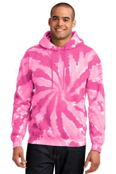 Port & Company PC146 Mens Tie-Dye Fleece Hooded Sweatshirt Hoodie Pink Model Front