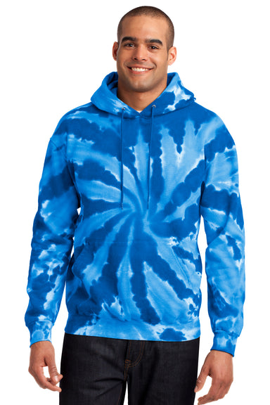 Port & Company PC146 Mens Tie-Dye Fleece Hooded Sweatshirt Hoodie Royal Blue Model Front