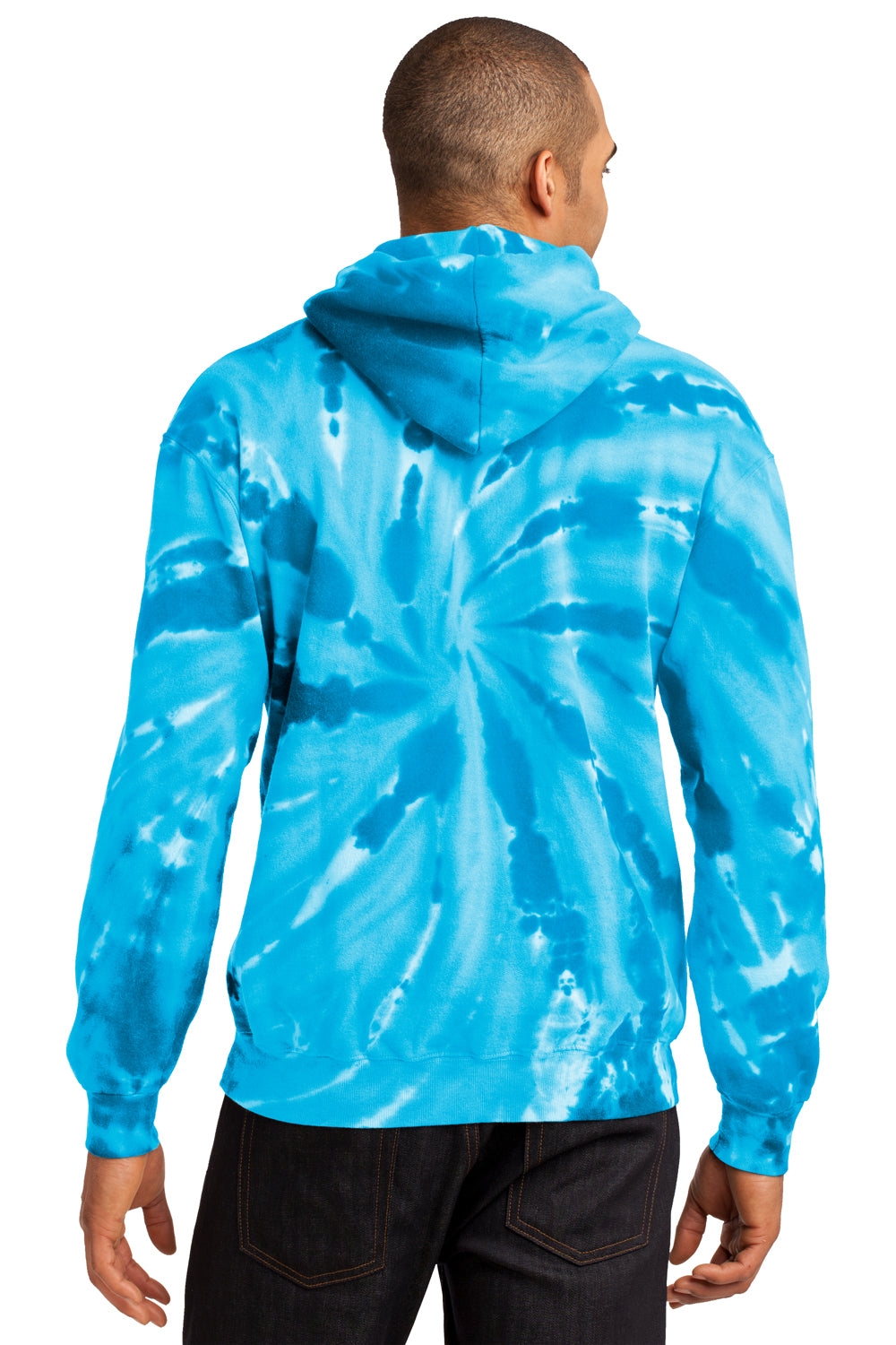 Port & Company PC146 Mens Tie-Dye Fleece Hooded Sweatshirt Hoodie Turquoise Blue Model Back