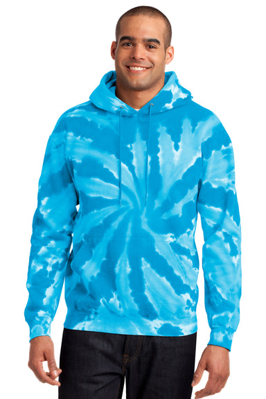 Port & Company PC146 Mens Tie-Dye Fleece Hooded Sweatshirt Hoodie Turquoise Blue Model Front