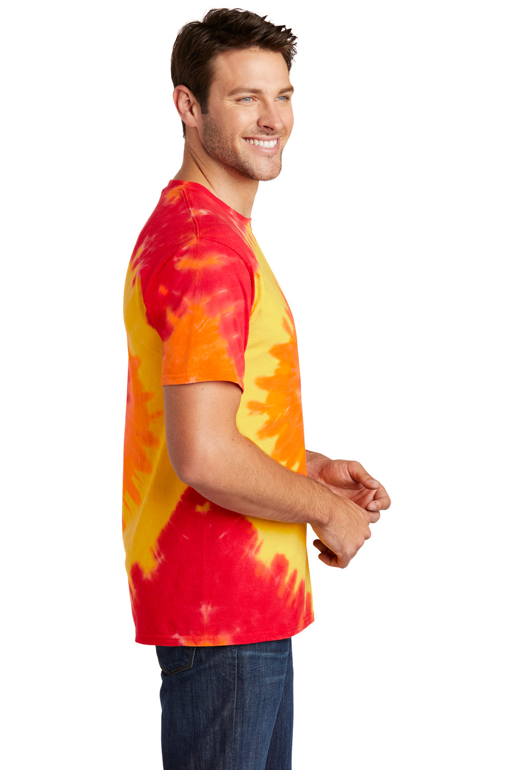 Port & Company PC147 Mens Tie-Dye Short Sleeve Crewneck T-Shirt Blaze Rainbow Model Side