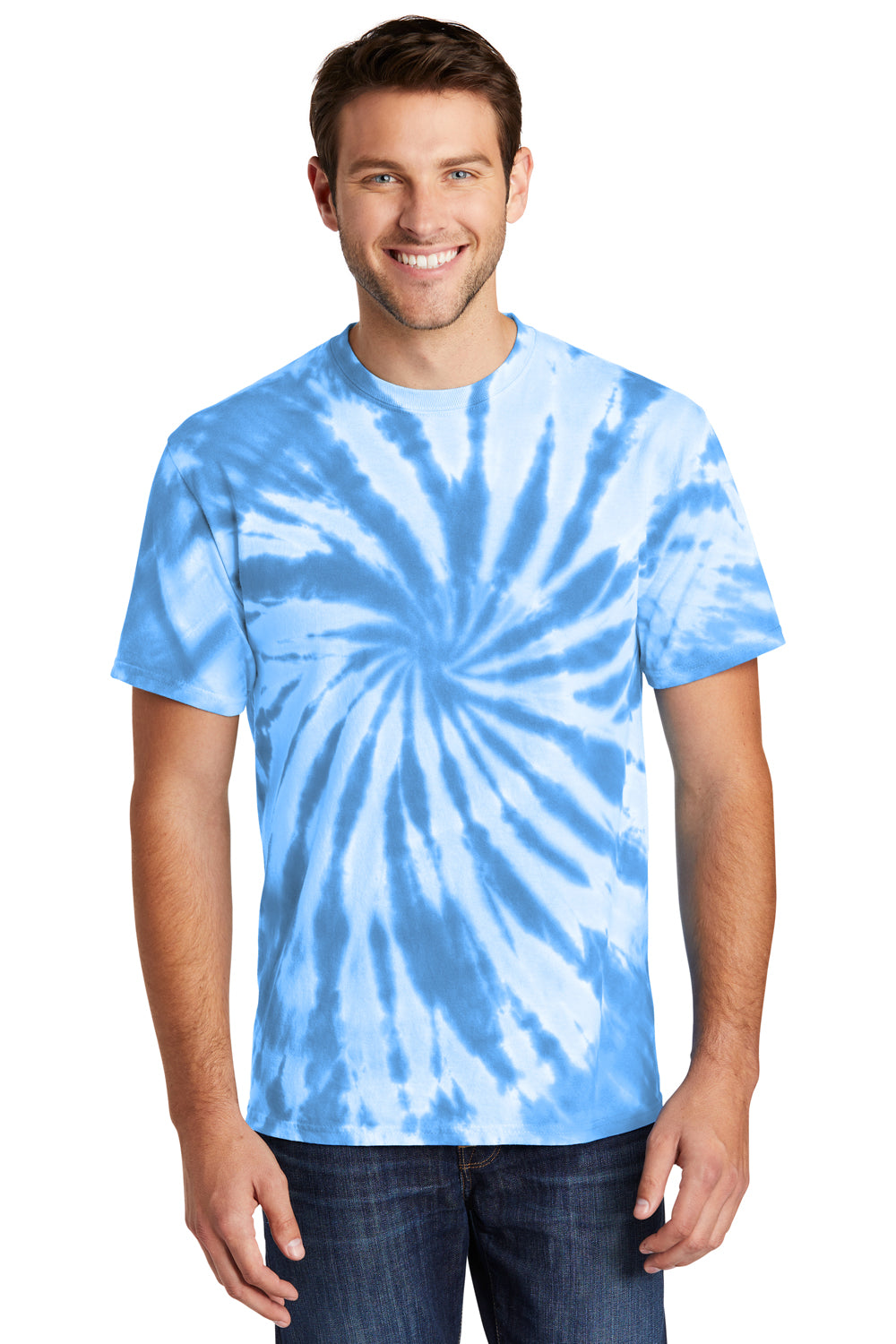 Port & Company PC147 Mens Tie-Dye Short Sleeve Crewneck T-Shirt Light Blue Model Front