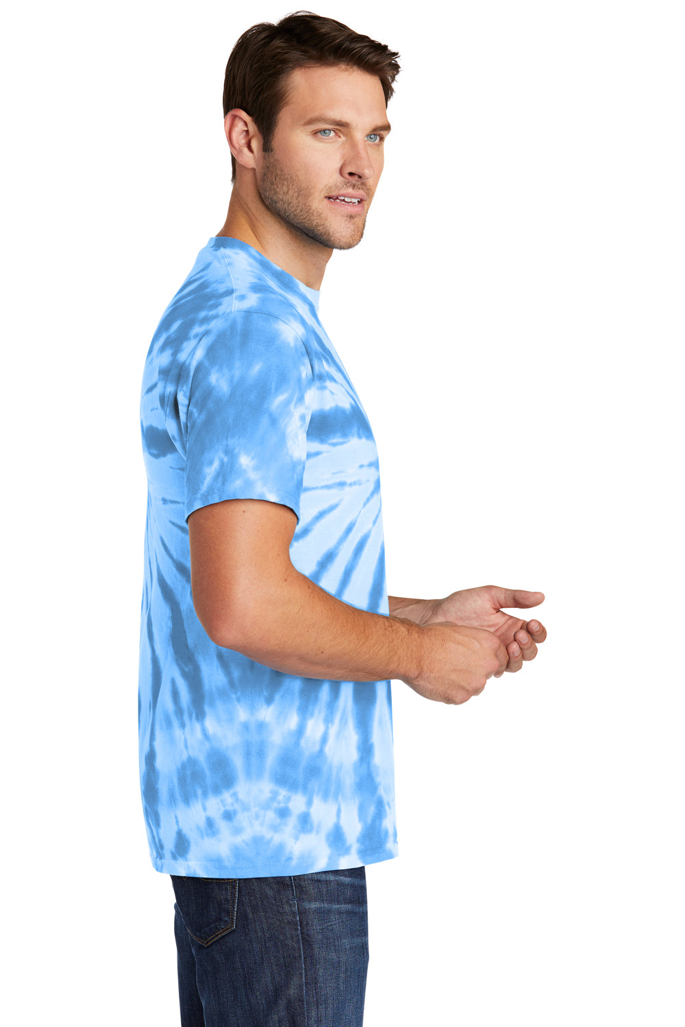 Port & Company PC147 Mens Tie-Dye Short Sleeve Crewneck T-Shirt Light Blue Model Side