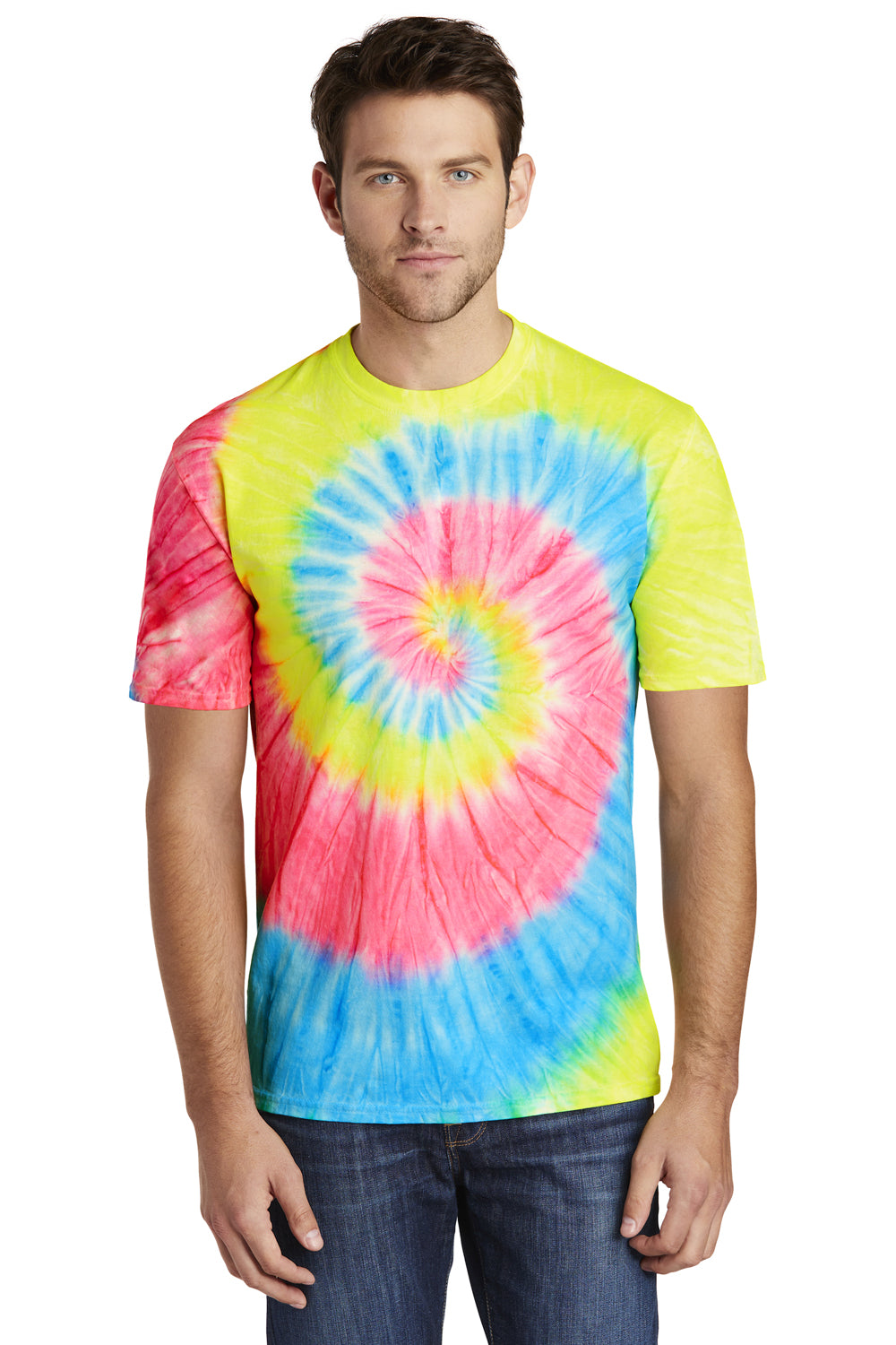 Port & Company PC147 Mens Tie-Dye Short Sleeve Crewneck T-Shirt Neon Rainbow Model Front