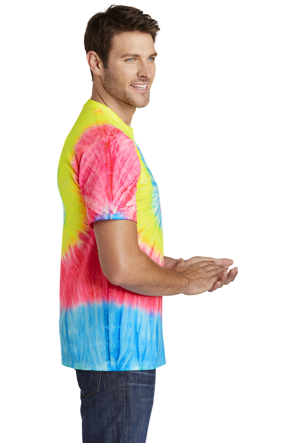 Port & Company PC147 Mens Tie-Dye Short Sleeve Crewneck T-Shirt Neon Rainbow Model Side