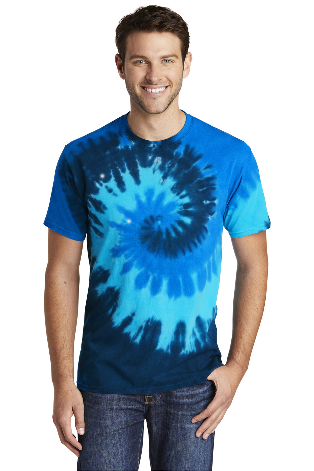 Port & Company PC147 Mens Tie-Dye Short Sleeve Crewneck T-Shirt Ocean Rainbow Model Front