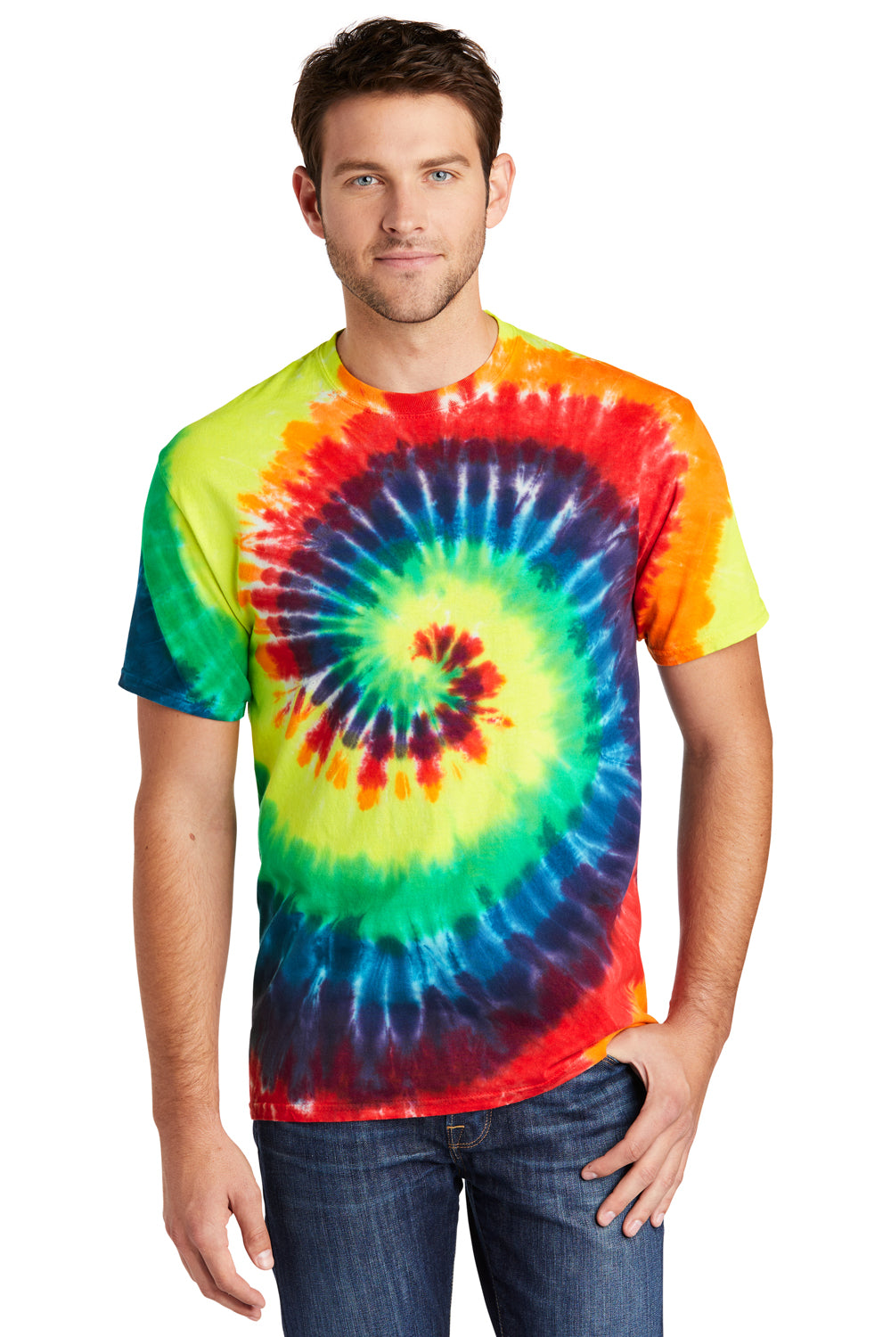 Port & Company PC147 Mens Tie-Dye Short Sleeve Crewneck T-Shirt Rainbow Model Front