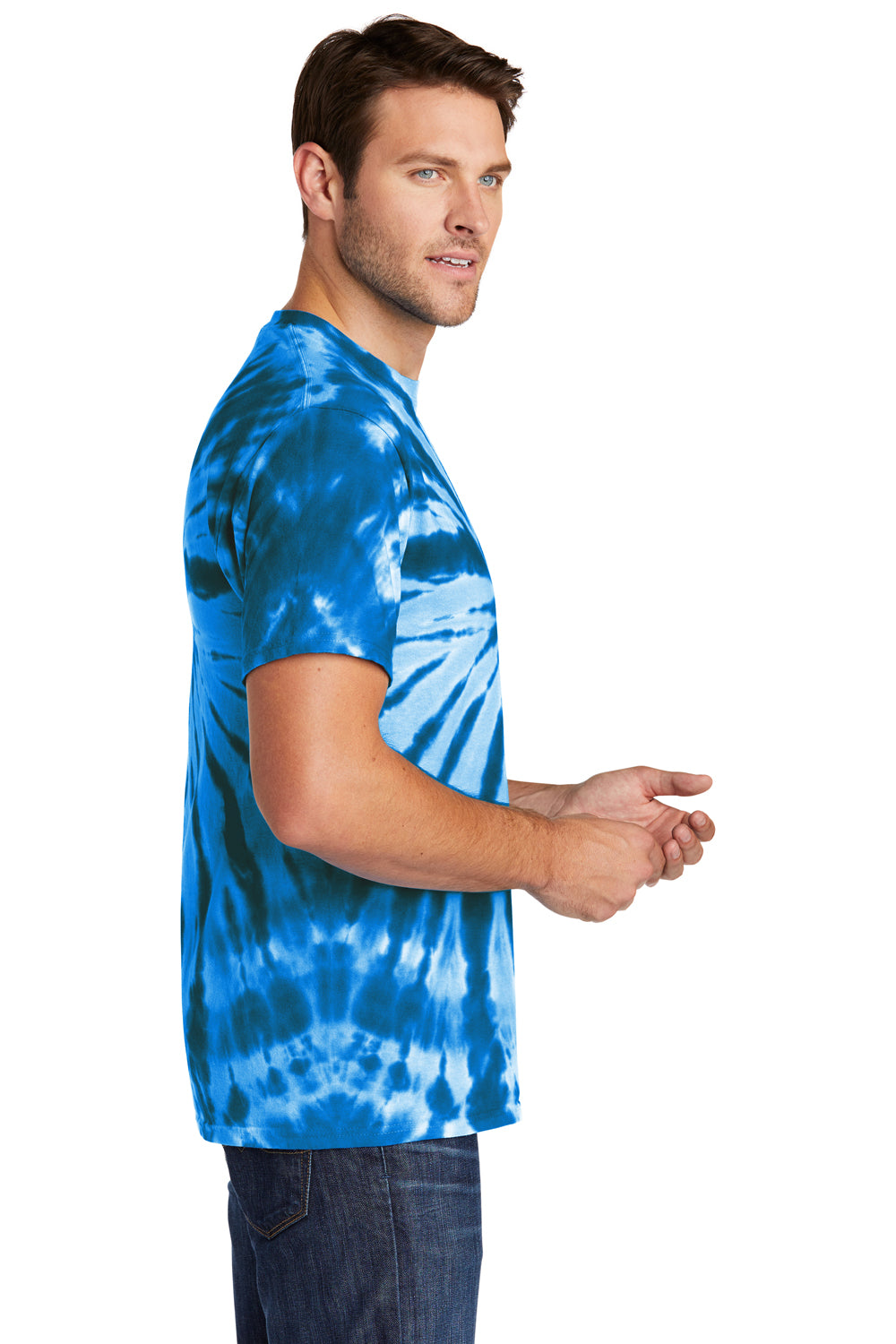 Port & Company PC147 Mens Tie-Dye Short Sleeve Crewneck T-Shirt Royal Blue Model Side