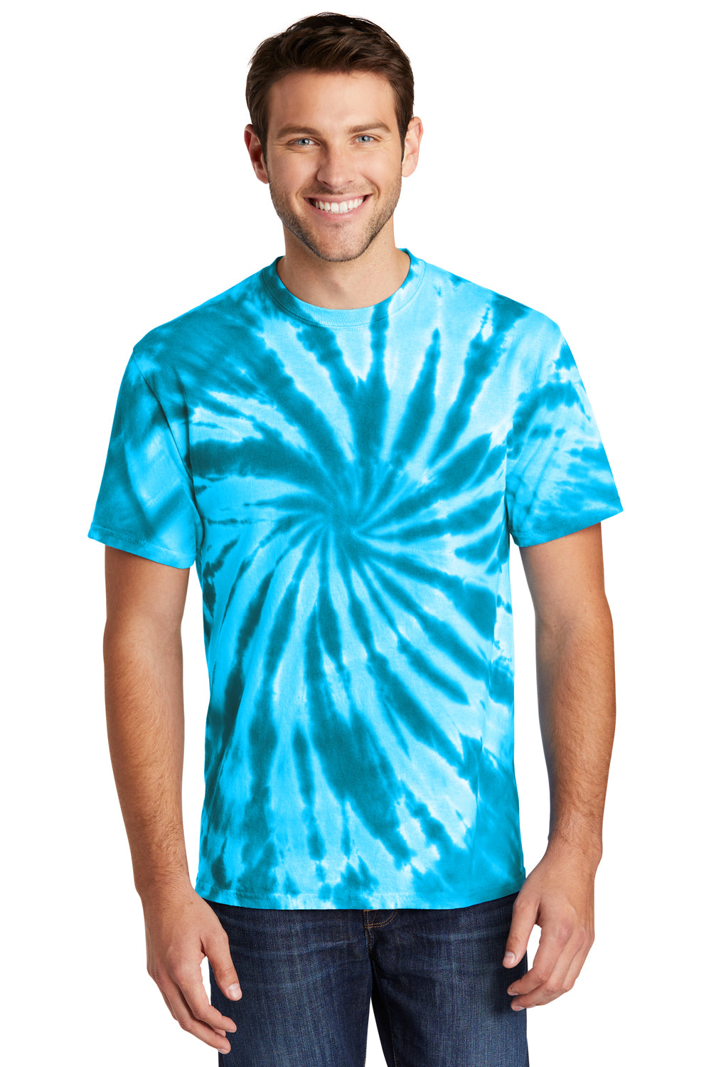 Port & Company PC147 Mens Tie-Dye Short Sleeve Crewneck T-Shirt Turquoise Blue Model Front