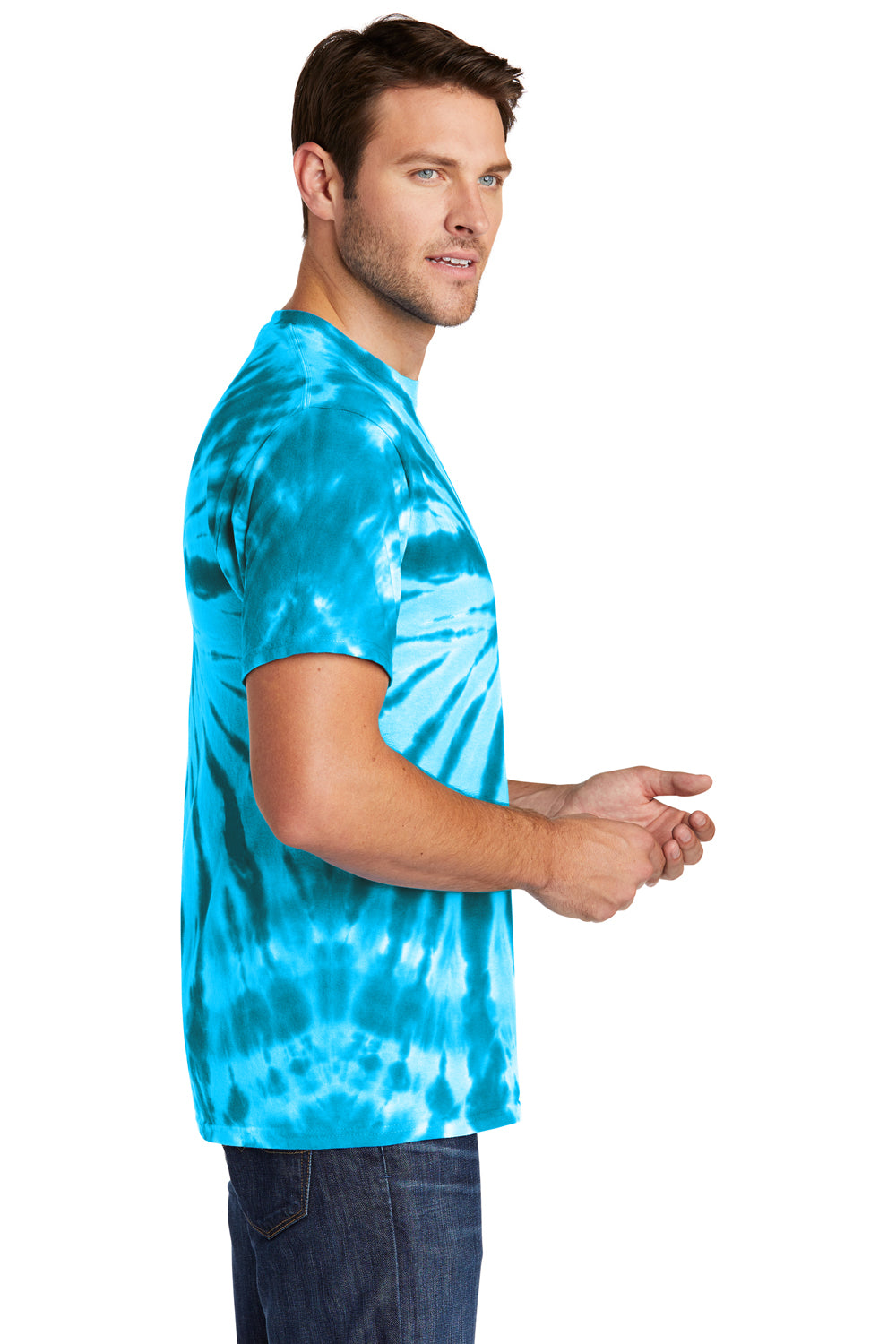 Port & Company PC147 Mens Tie-Dye Short Sleeve Crewneck T-Shirt Turquoise Blue Model Side