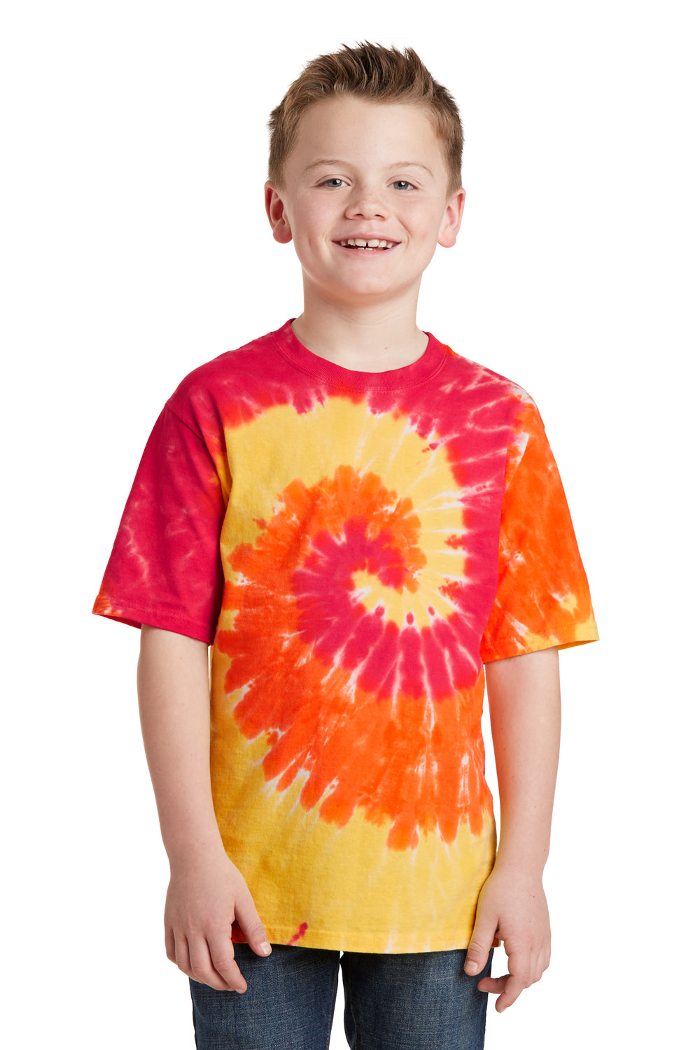 Port & Company PC147Y Youth Tie-Dye Short Sleeve Crewneck T-Shirt Blaze Rainbow Model Front