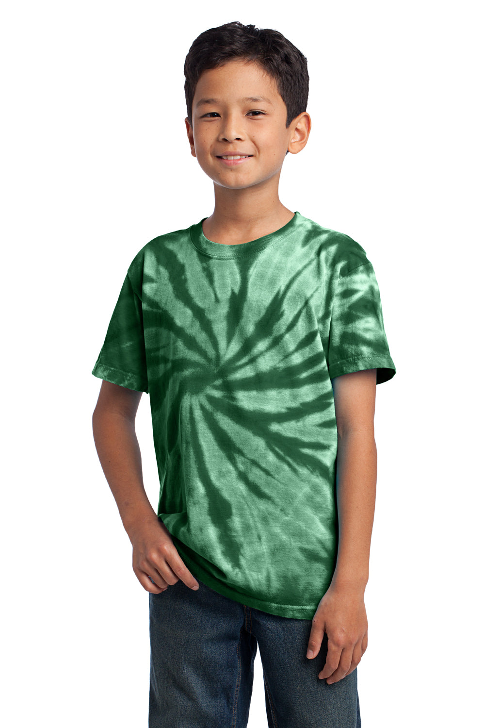 Port & Company PC147Y Youth Tie-Dye Short Sleeve Crewneck T-Shirt Forest Green Model Front