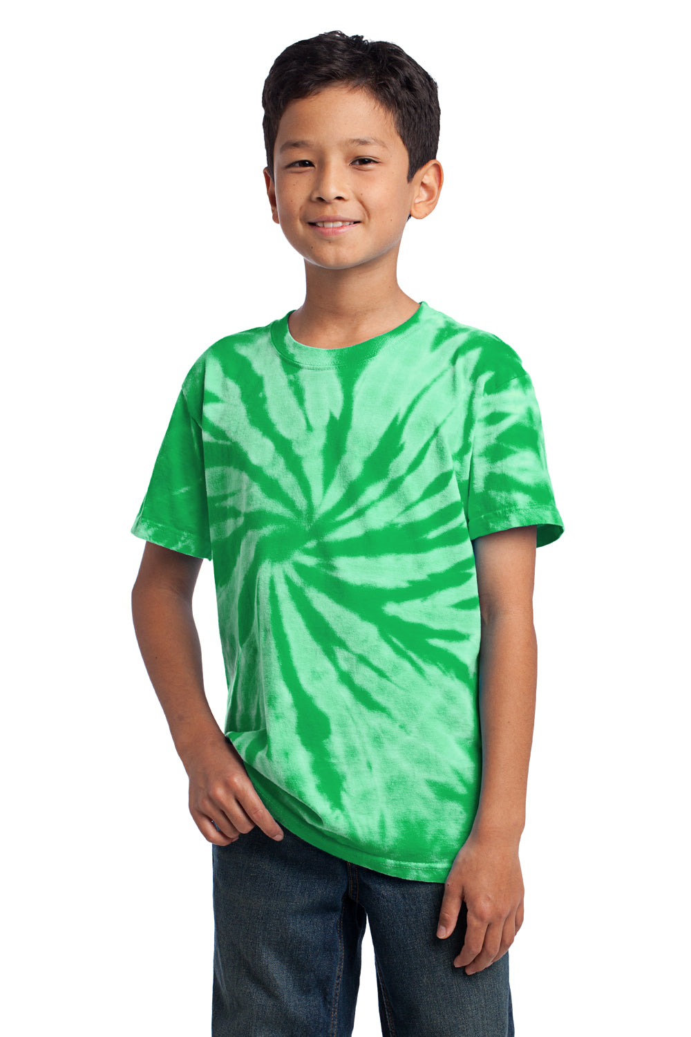 Port & Company PC147Y Youth Tie-Dye Short Sleeve Crewneck T-Shirt Kelly Green Model Front