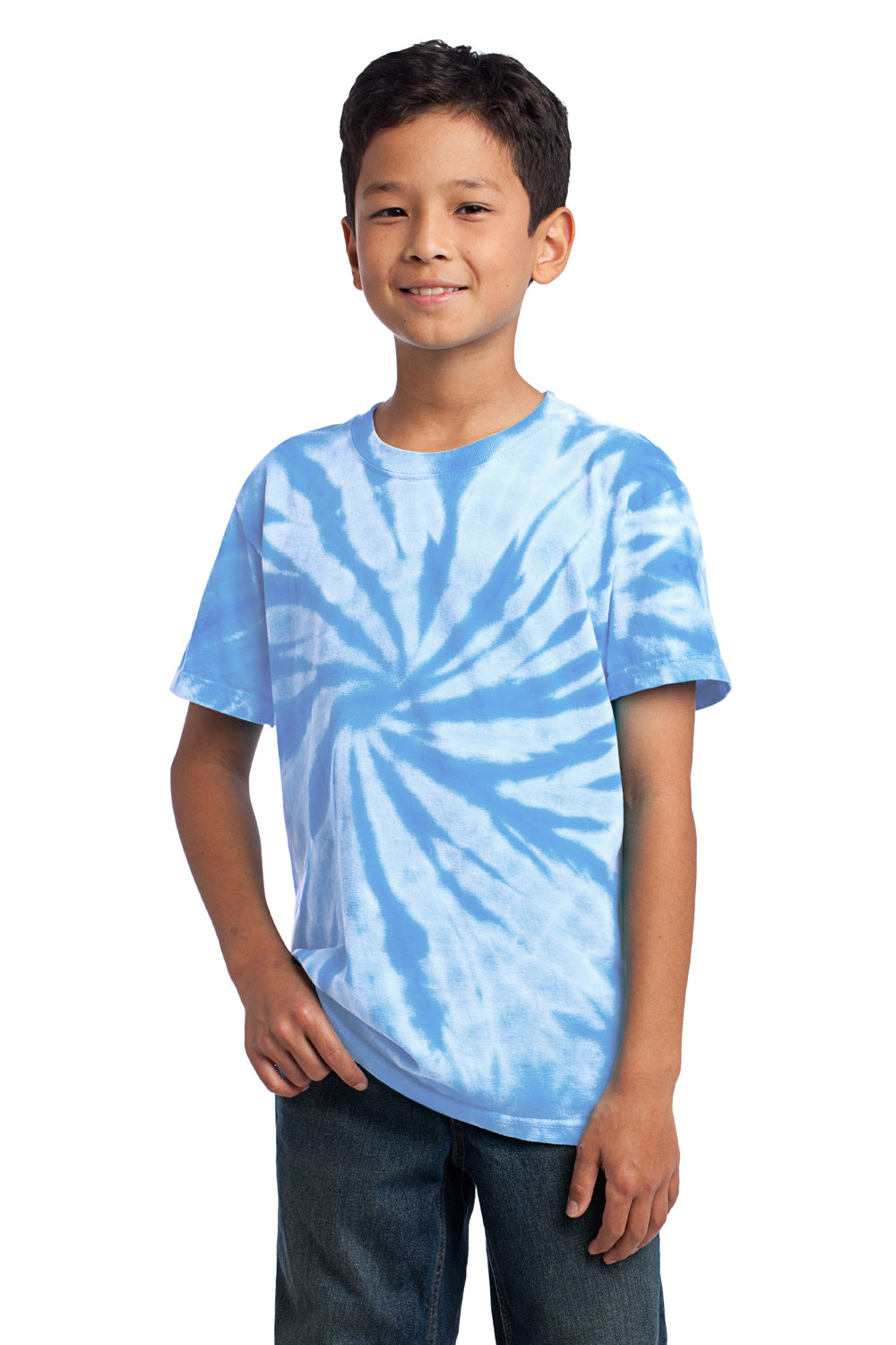 Port & Company PC147Y Youth Tie-Dye Short Sleeve Crewneck T-Shirt Light Blue Model Front