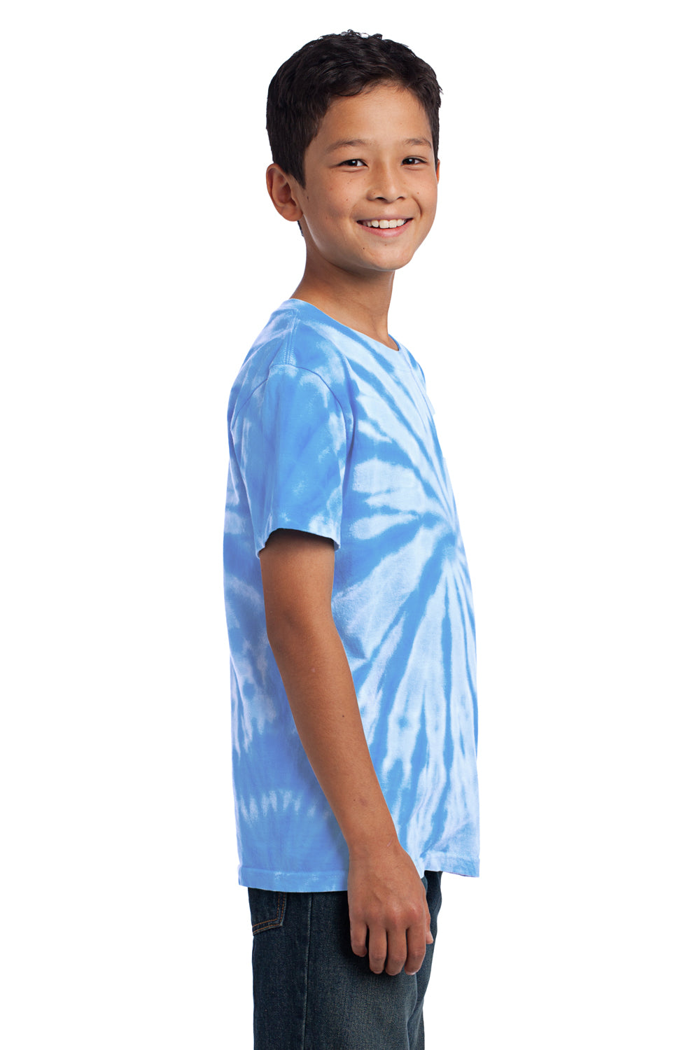 Port & Company PC147Y Youth Tie-Dye Short Sleeve Crewneck T-Shirt Light Blue Model Side