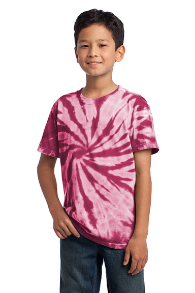 Port & Company PC147Y Youth Tie-Dye Short Sleeve Crewneck T-Shirt Maroon Model Front