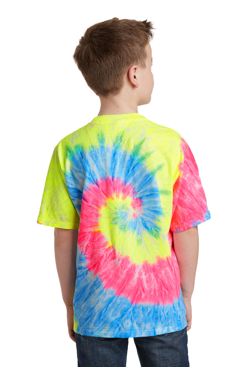 Port & Company PC147Y Youth Tie-Dye Short Sleeve Crewneck T-Shirt Neon Rainbow Model Back