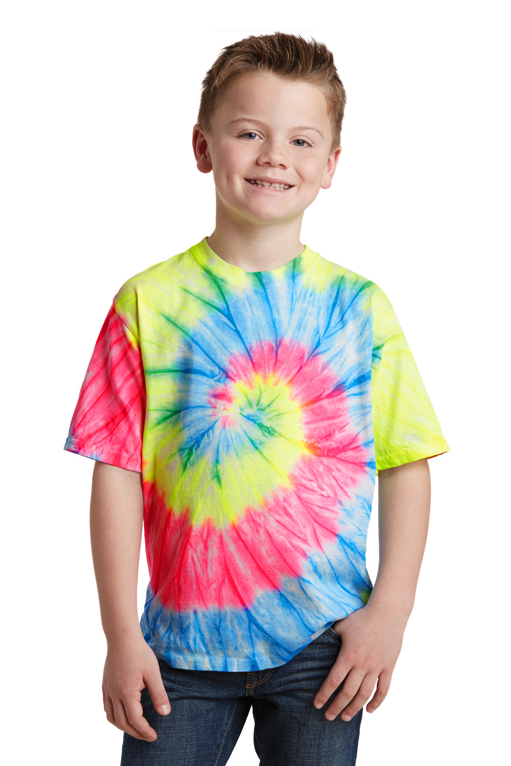 Port & Company PC147Y Youth Tie-Dye Short Sleeve Crewneck T-Shirt Neon Rainbow Model Front