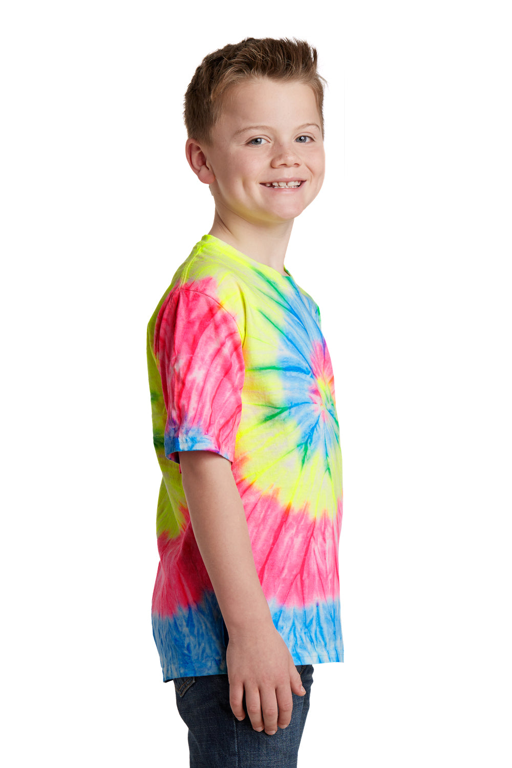 Port & Company PC147Y Youth Tie-Dye Short Sleeve Crewneck T-Shirt Neon Rainbow Model Side