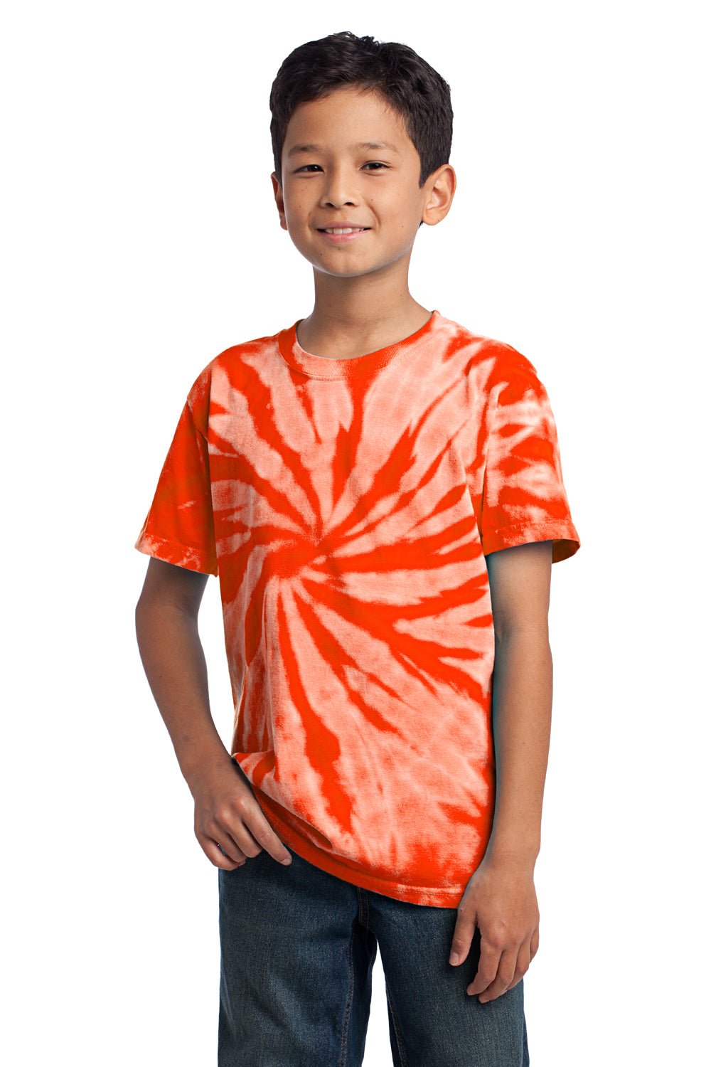 Port & Company PC147Y Youth Tie-Dye Short Sleeve Crewneck T-Shirt Orange Model Front