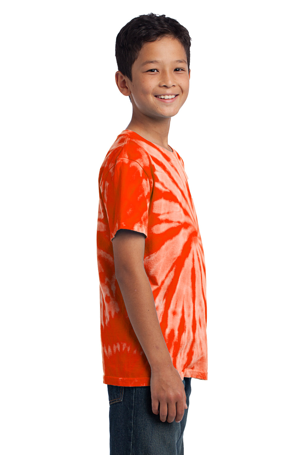 Port & Company PC147Y Youth Tie-Dye Short Sleeve Crewneck T-Shirt Orange Model Side