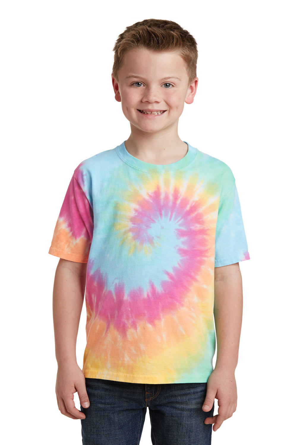 Port & Company PC147Y Youth Tie-Dye Short Sleeve Crewneck T-Shirt Pastel Rainbow Model Front