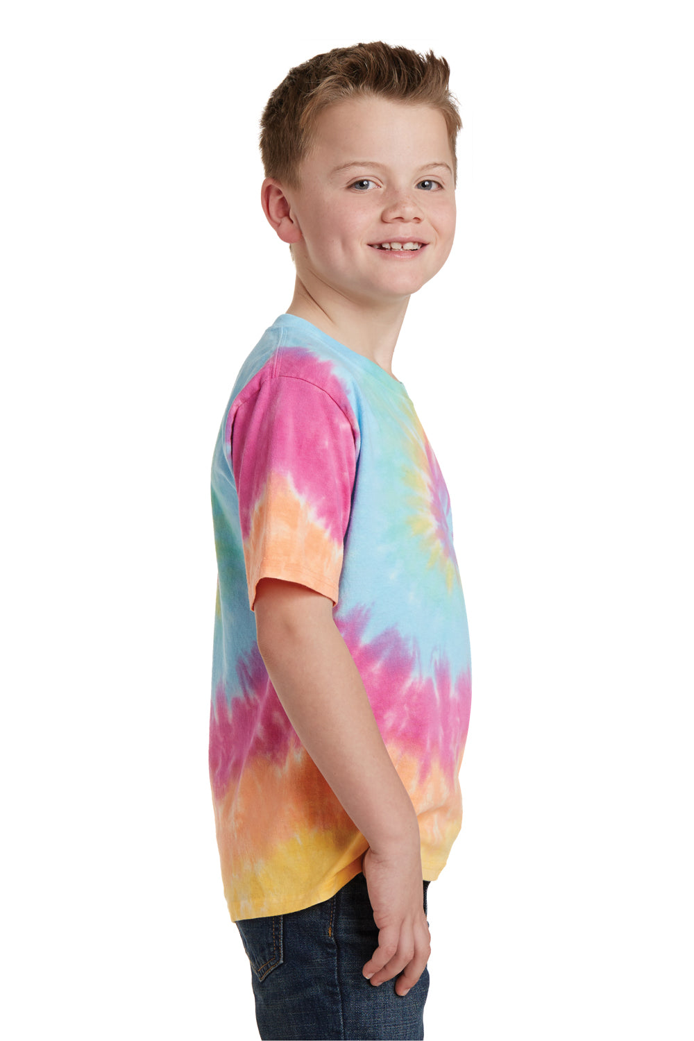 Port & Company PC147Y Youth Tie-Dye Short Sleeve Crewneck T-Shirt Pastel Rainbow Model Side