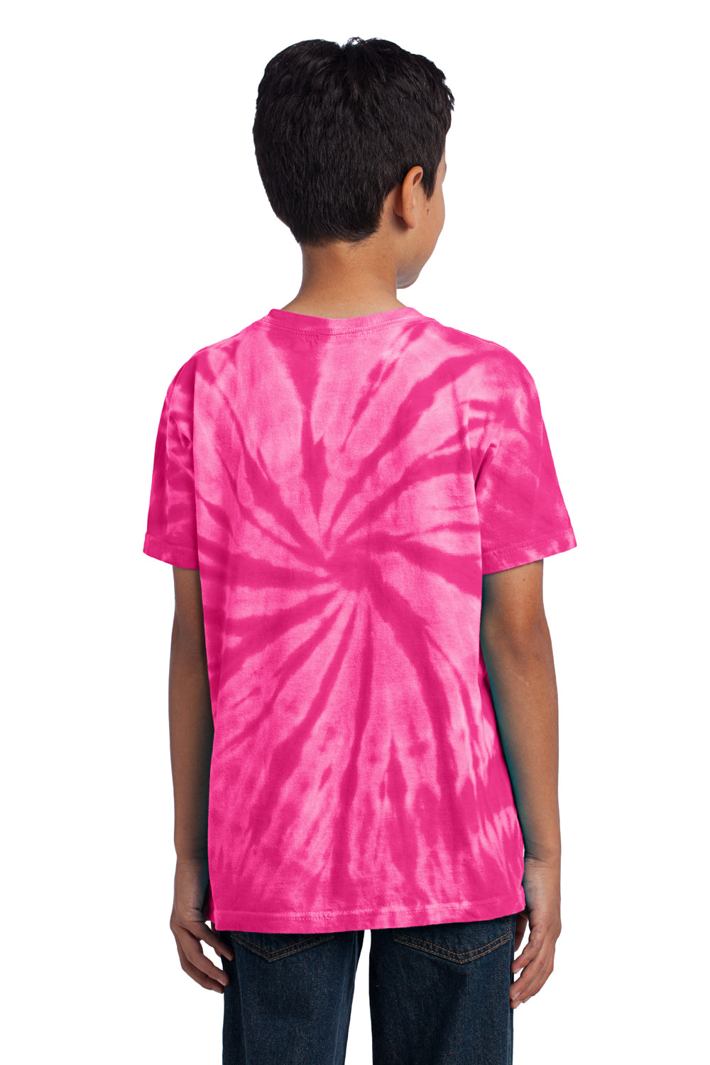 Port & Company PC147Y Youth Tie-Dye Short Sleeve Crewneck T-Shirt Pink Model Back