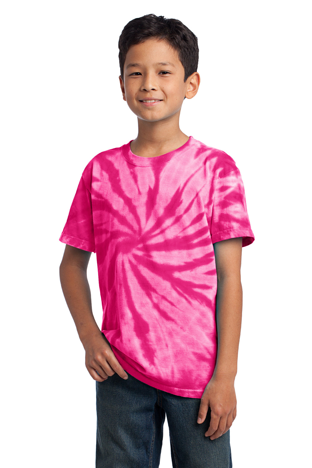 Port & Company PC147Y Youth Tie-Dye Short Sleeve Crewneck T-Shirt Pink Model Front