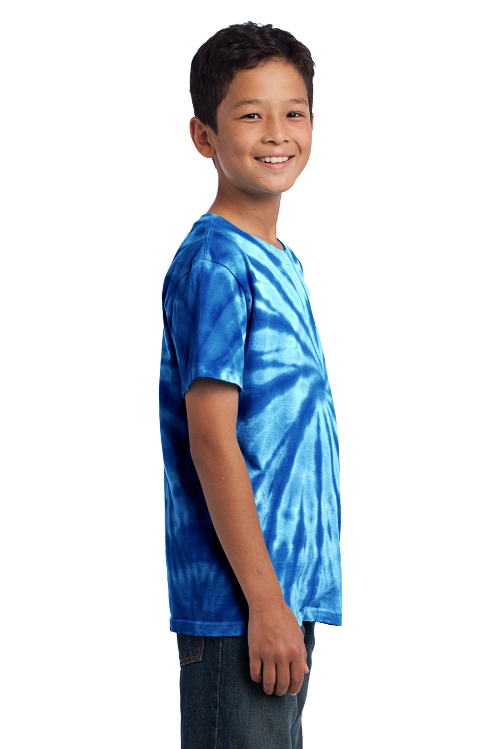 Port & Company PC147Y Youth Tie-Dye Short Sleeve Crewneck T-Shirt Royal Blue Model Side