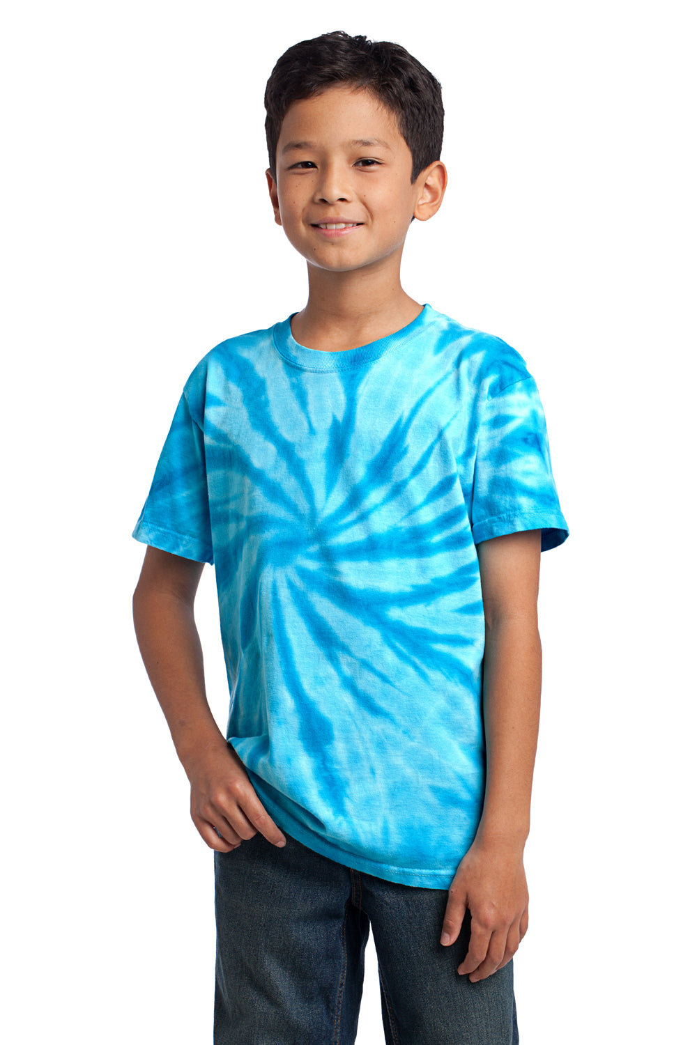 Port & Company PC147Y Youth Tie-Dye Short Sleeve Crewneck T-Shirt Turquoise Blue Model Front