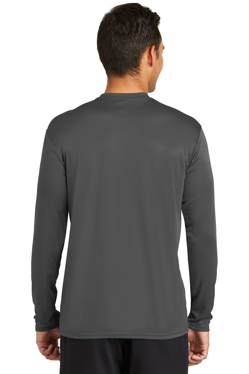 Port & Company PC380LS Mens Dry Zone Performance Moisture Wicking Long Sleeve Crewneck T-Shirt Charcoal Grey Model Back