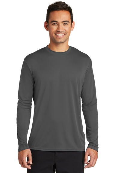 Port & Company PC380LS Mens Dry Zone Performance Moisture Wicking Long Sleeve Crewneck T-Shirt Charcoal Grey Model Front