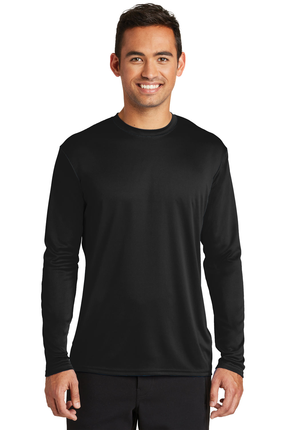 Port & Company PC380LS Mens Dry Zone Performance Moisture Wicking Long Sleeve Crewneck T-Shirt Jet Black Model Front