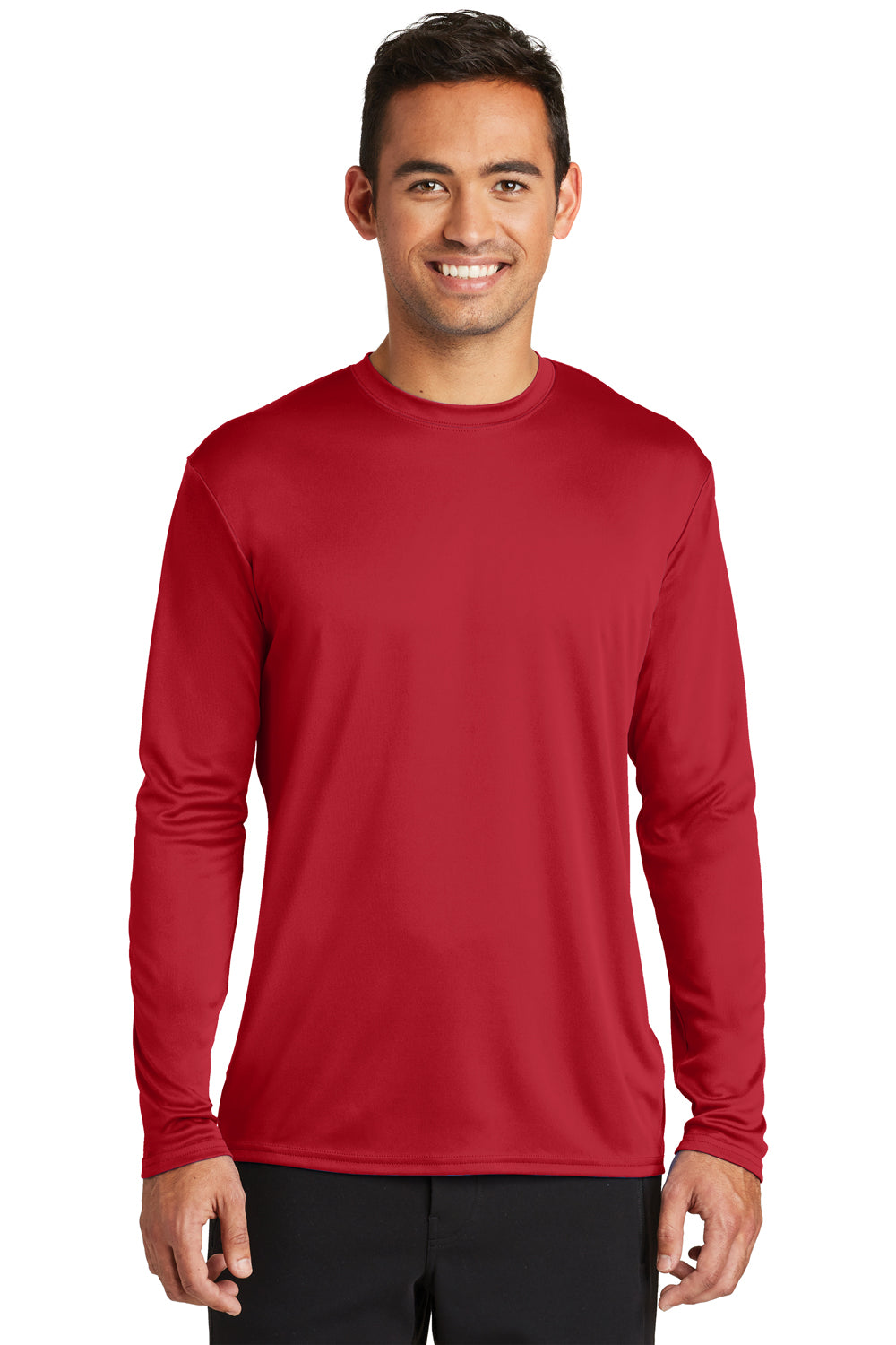 Port & Company PC380LS Mens Dry Zone Performance Moisture Wicking Long Sleeve Crewneck T-Shirt Red Model Front