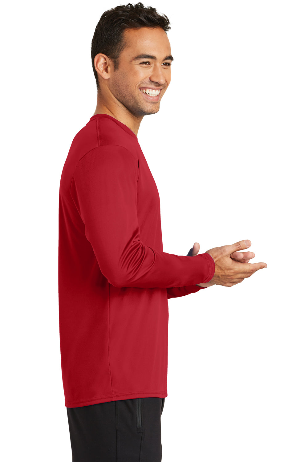 Port & Company PC380LS Mens Dry Zone Performance Moisture Wicking Long Sleeve Crewneck T-Shirt Red Model Side