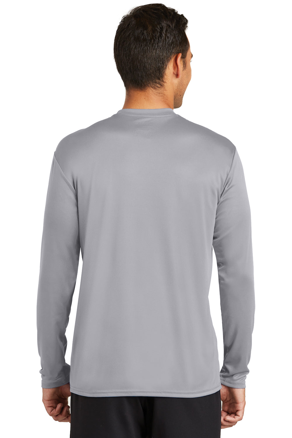 Port & Company PC380LS Mens Dry Zone Performance Moisture Wicking Long Sleeve Crewneck T-Shirt Silver Grey Model Back