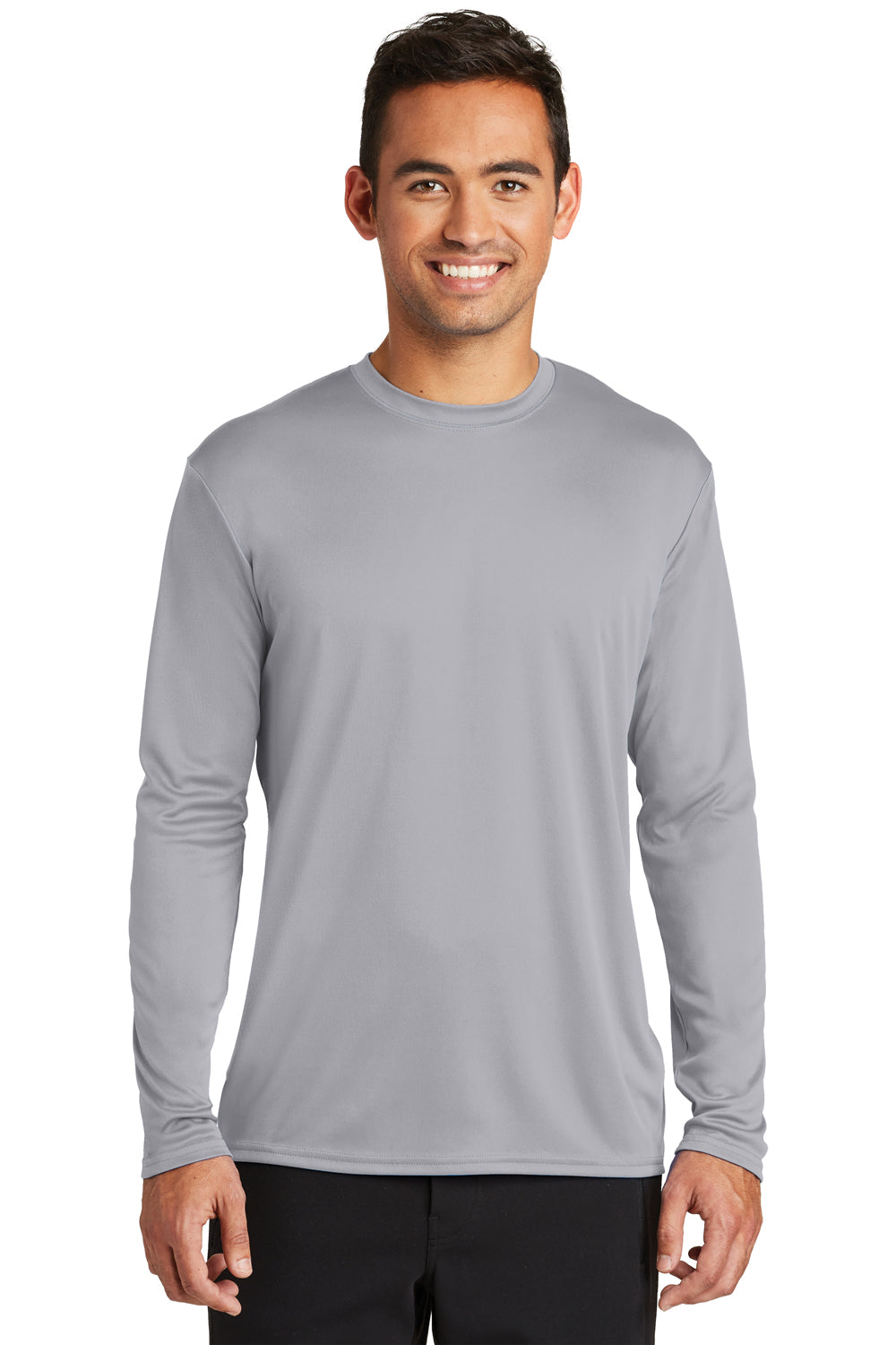 Port & Company PC380LS Mens Dry Zone Performance Moisture Wicking Long Sleeve Crewneck T-Shirt Silver Grey Model Front