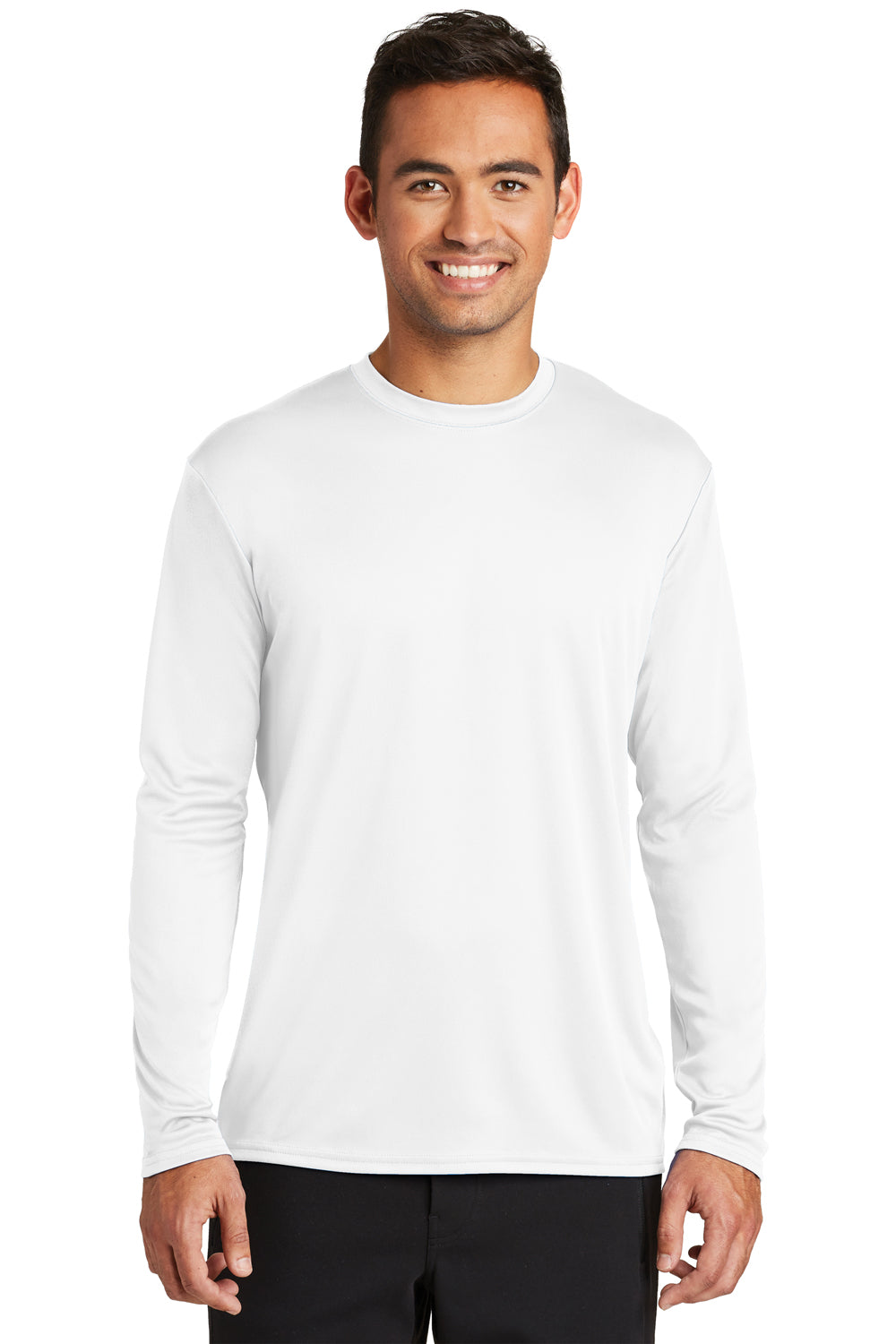 Port & Company PC380LS Mens Dry Zone Performance Moisture Wicking Long Sleeve Crewneck T-Shirt White Model Front