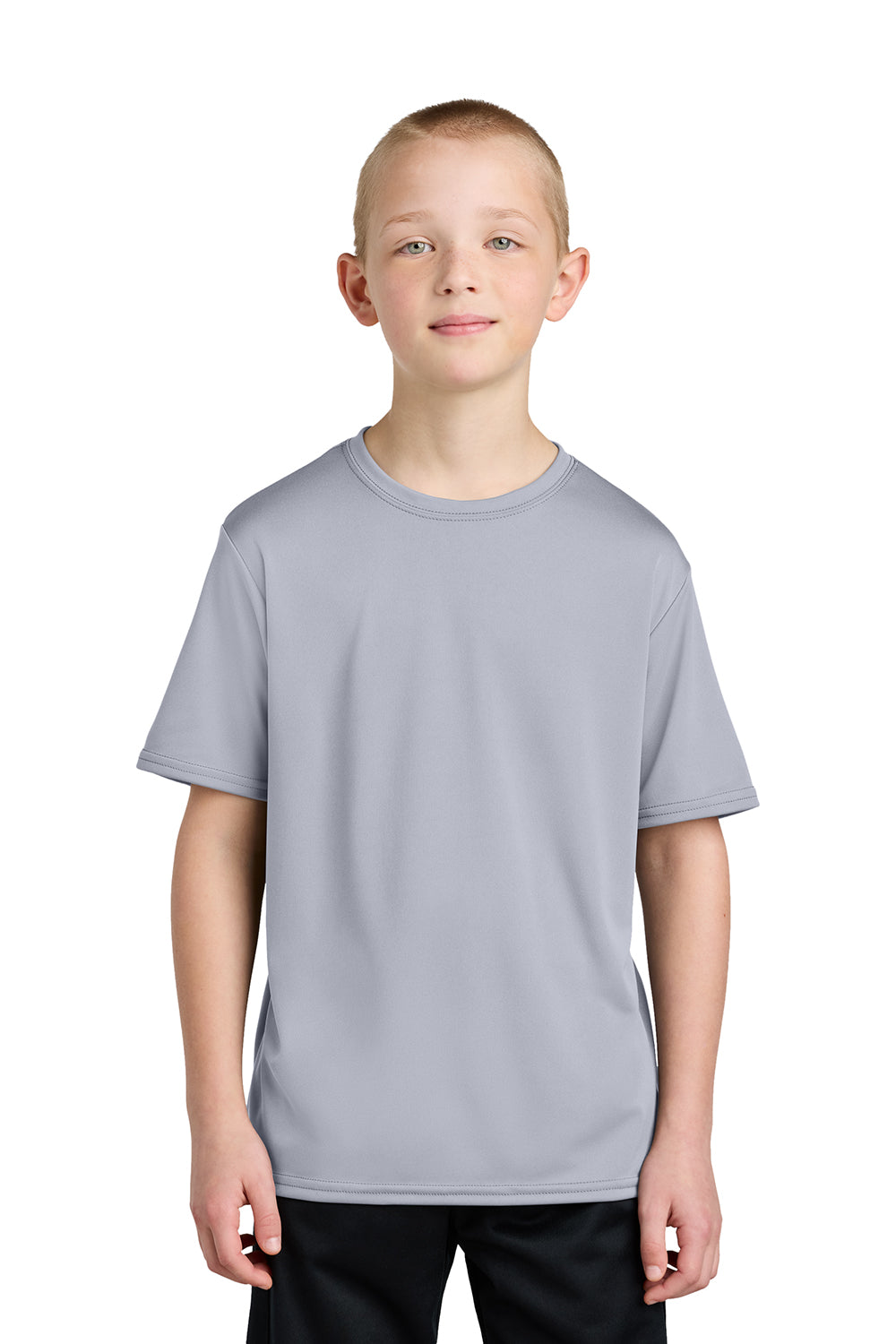 Port & Company PC380Y Youth Dry Zone Performance Moisture Wicking Short Sleeve Crewneck T-Shirt Silver Grey Model Front