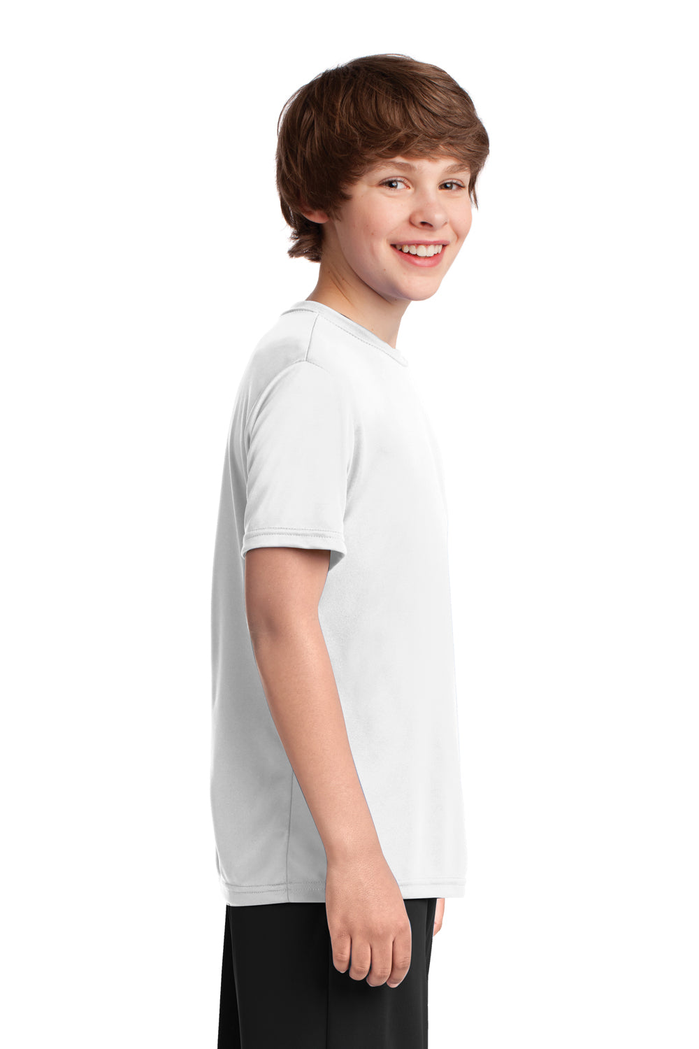 Port & Company PC380Y Youth Dry Zone Performance Moisture Wicking Short Sleeve Crewneck T-Shirt White Model Side