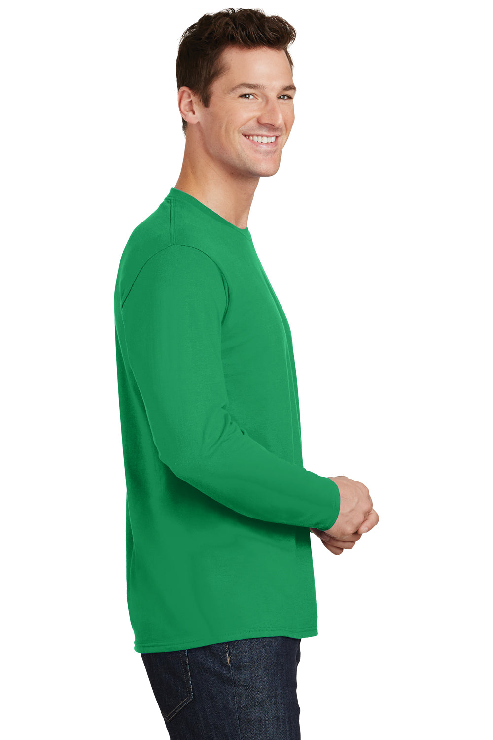 Port & Company PC450LS Mens Fan Favorite Long Sleeve Crewneck T-Shirt Athletic Kelly Green Model Side