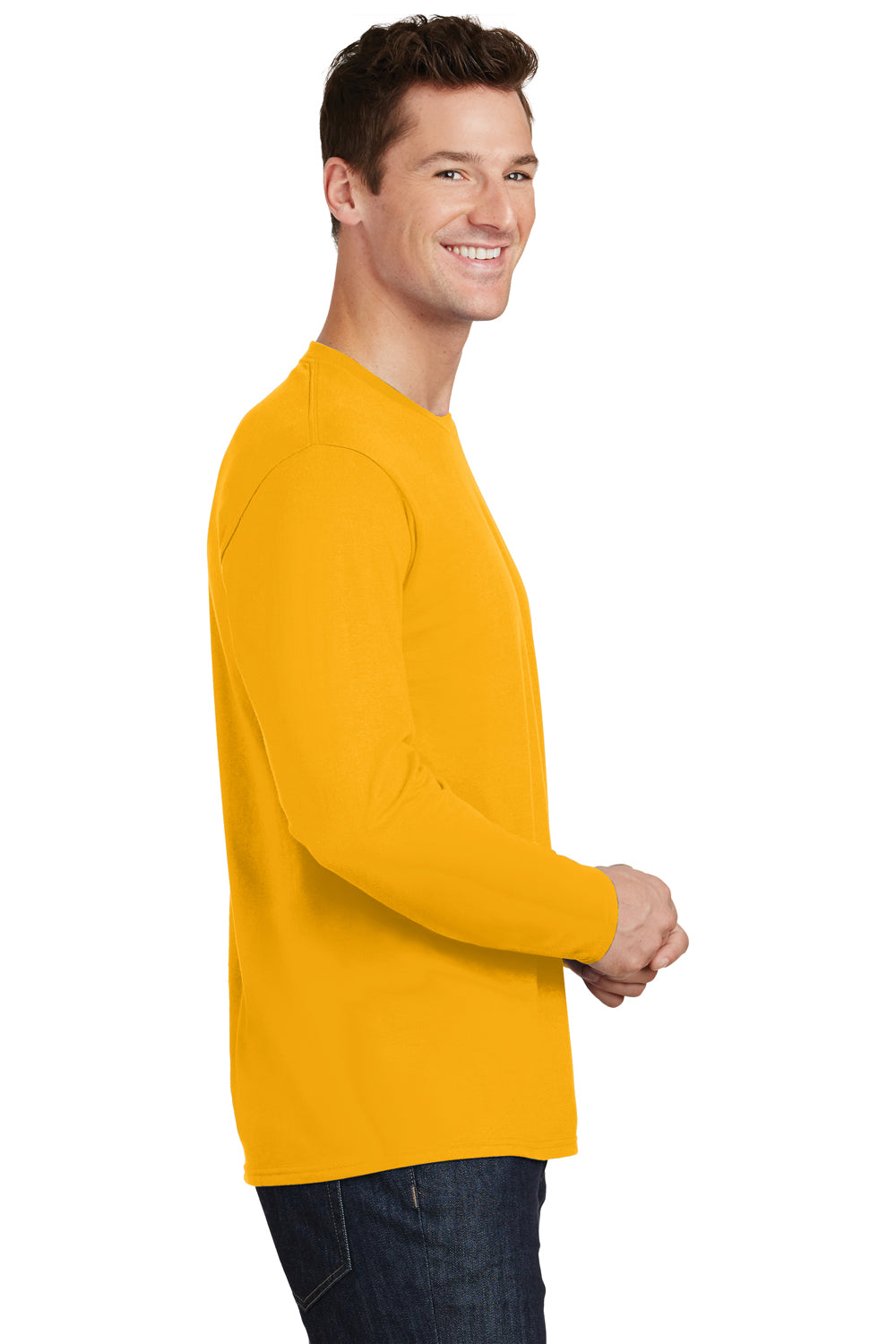 Port & Company PC450LS Mens Fan Favorite Long Sleeve Crewneck T-Shirt Bright Gold Model Side