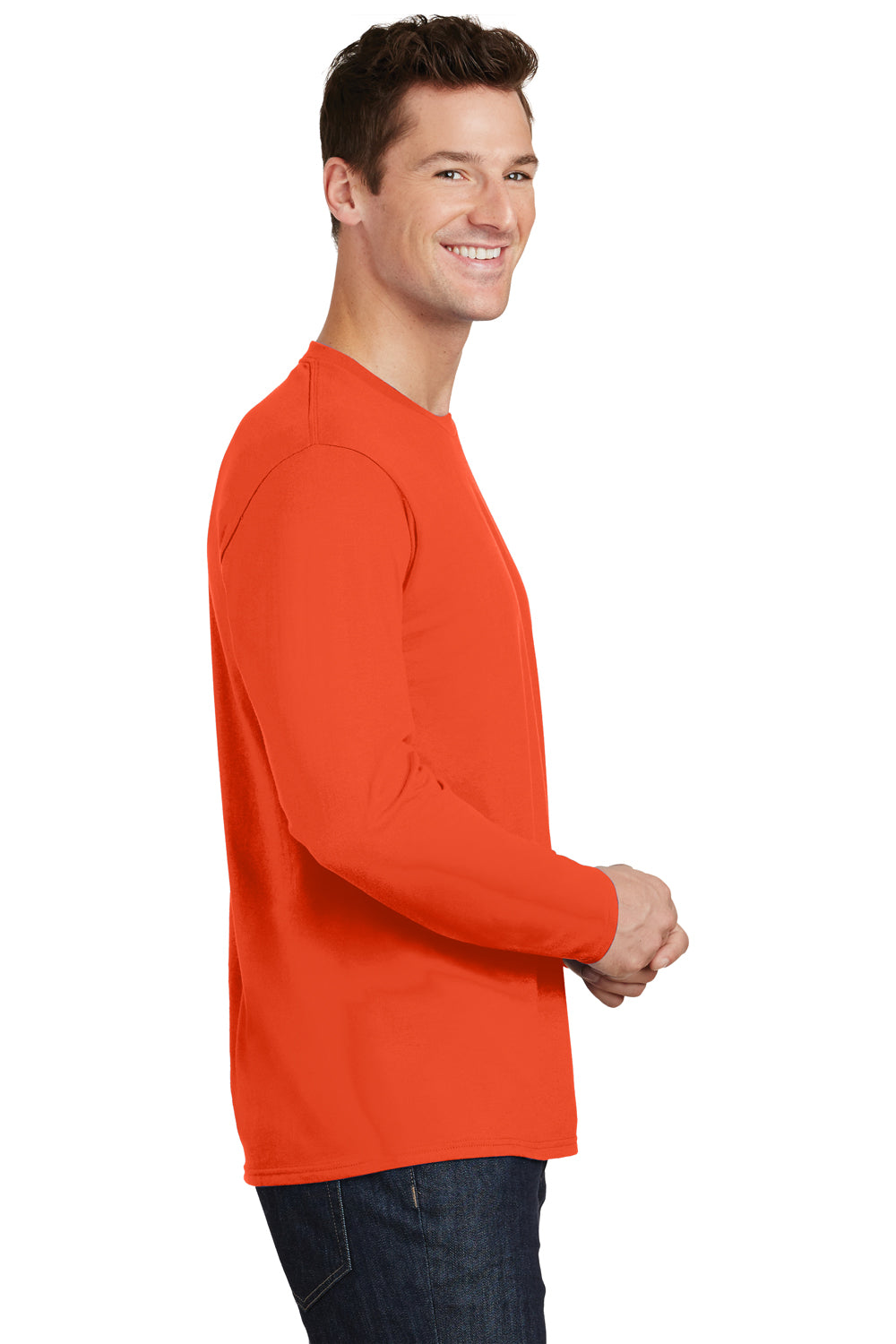 Port & Company PC450LS Mens Fan Favorite Long Sleeve Crewneck T-Shirt Orange Model Side